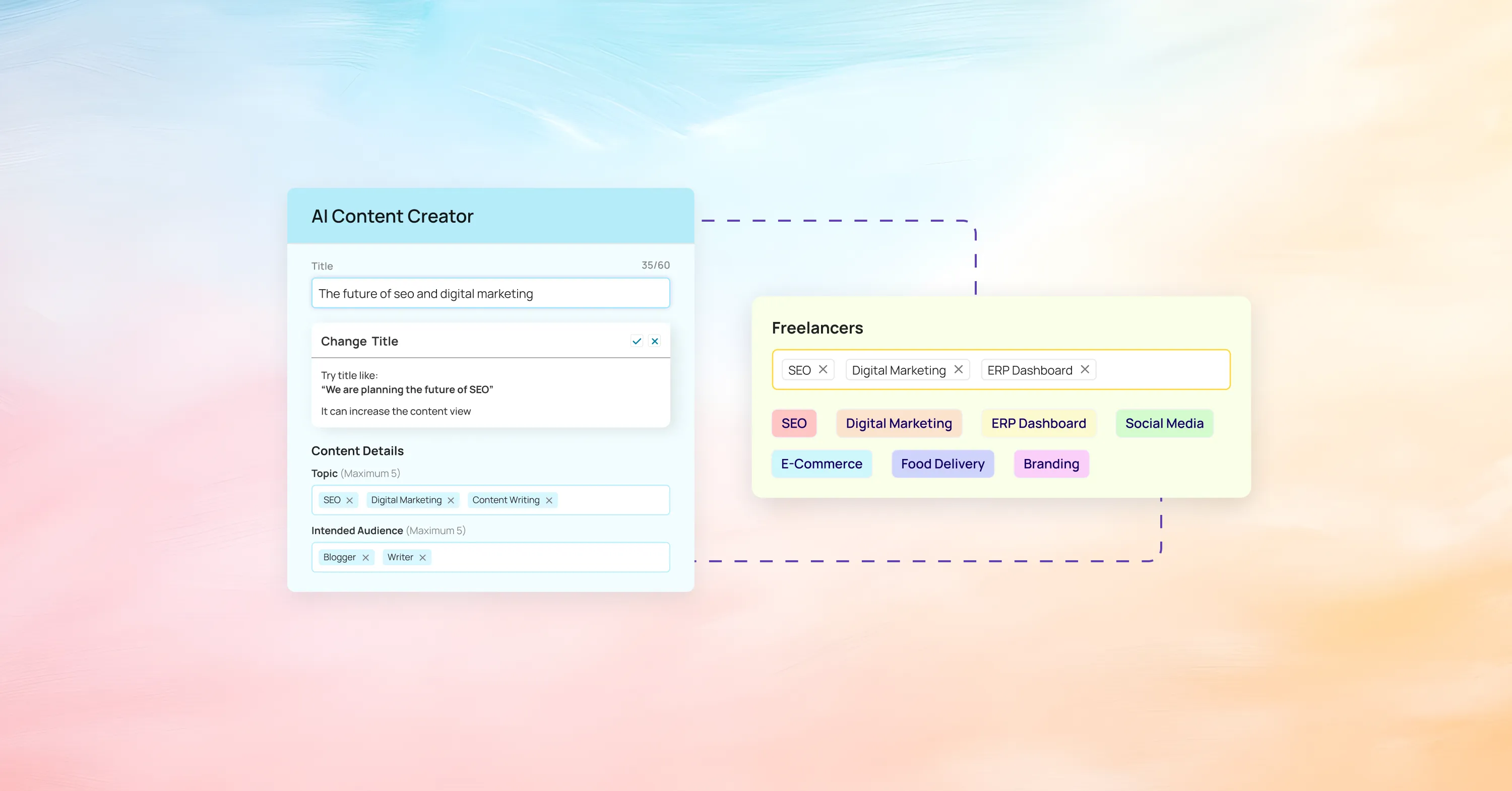 AI content creator tool comparing SEO and digital marketing project details with freelancer skill tags.
