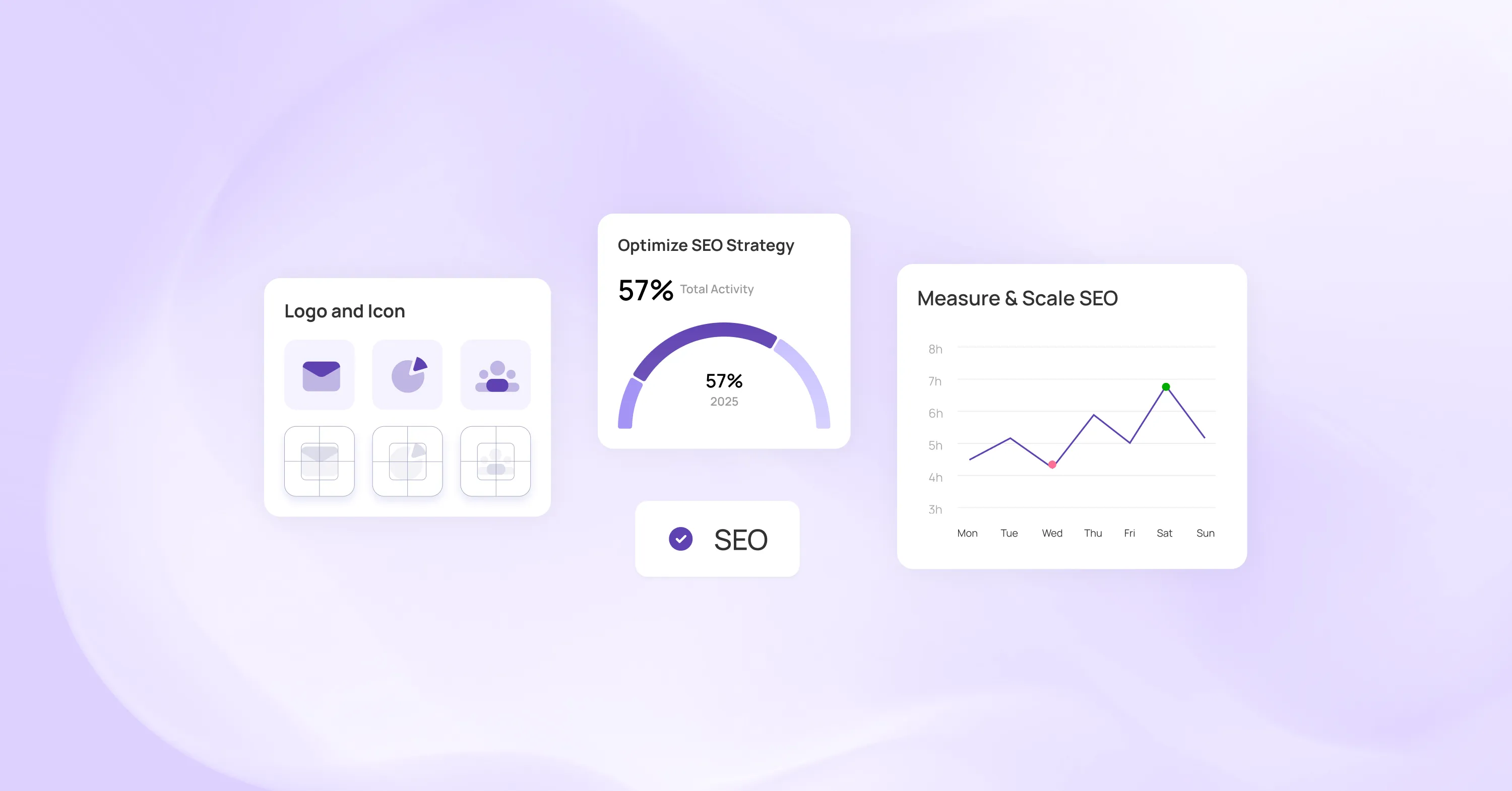 Dashboard showing SEO optimization strategy with logo and icon design, progress chart at 57%, and graph tracking weekly SEO performance metrics.