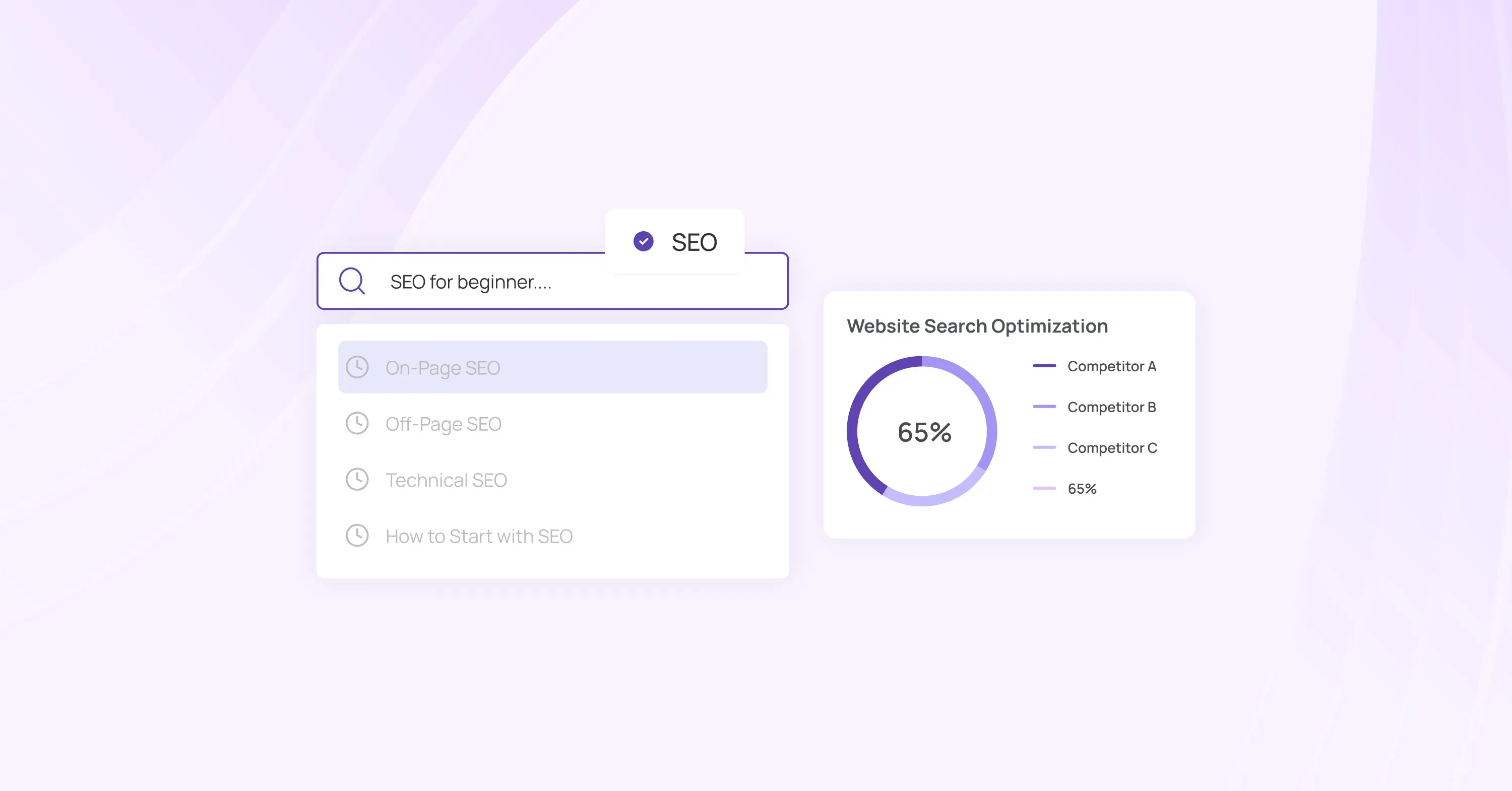 Comparison of SEO strategies and website search optimization with search bar and analytics chart.