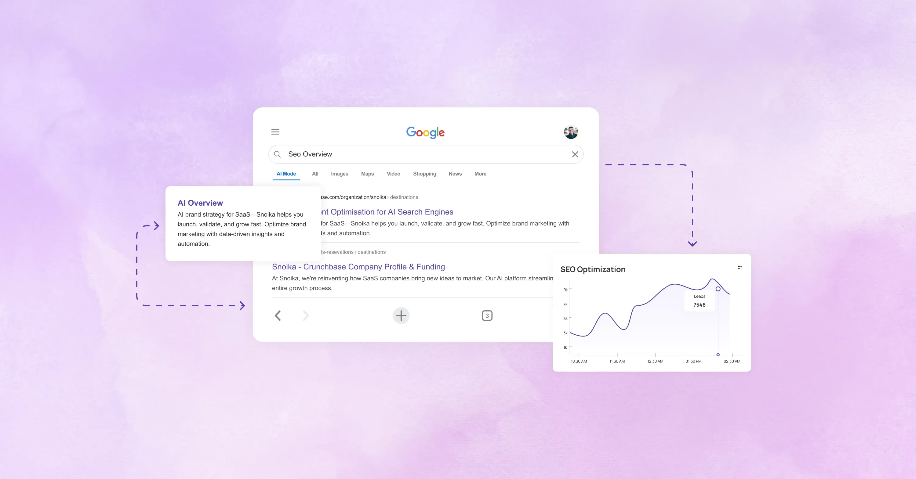 Snoika AI SEO platform showing Google search optimization, AI overview insights, and SEO performance graph with leads growth.