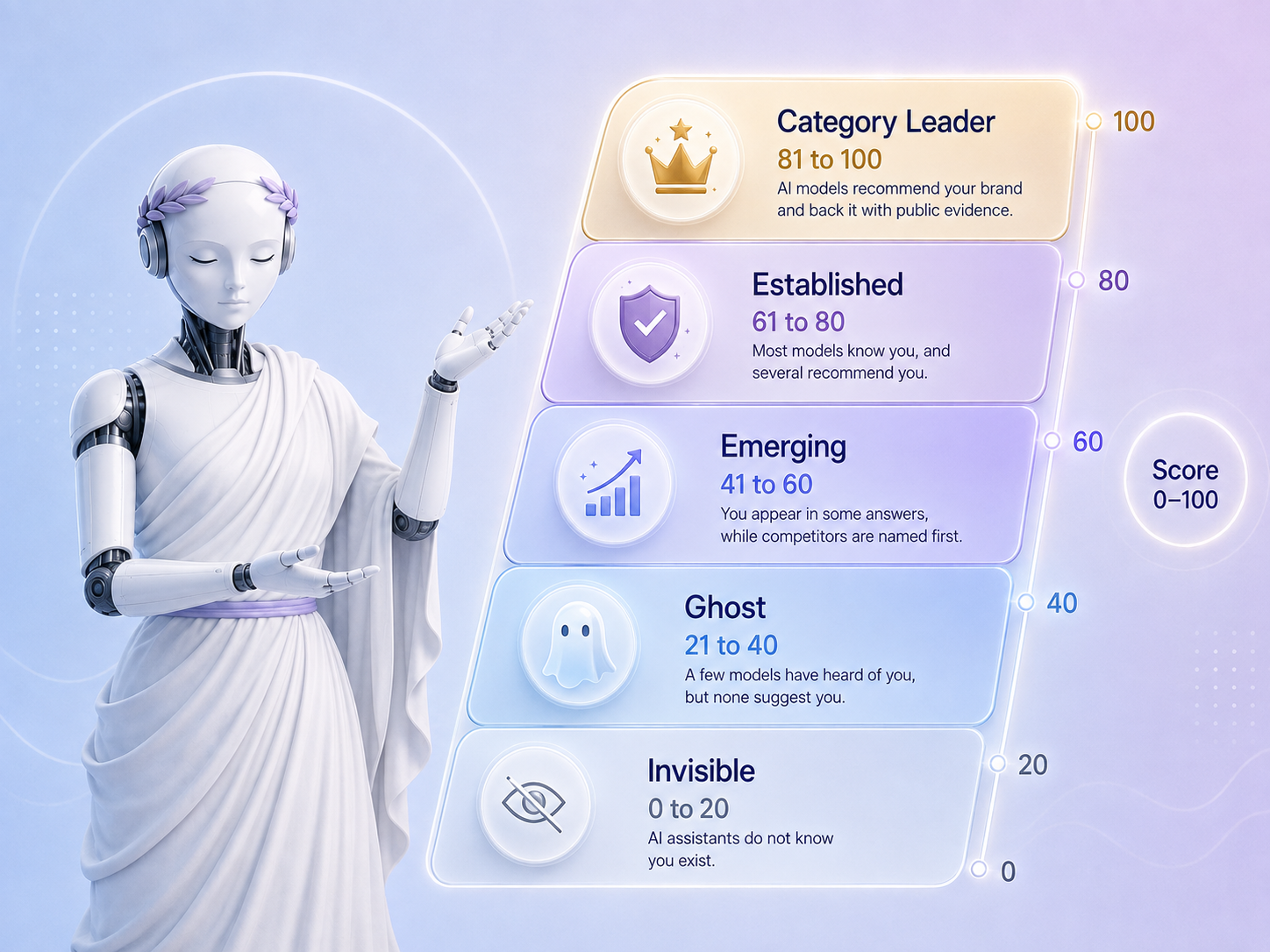 The five brand AI visibility score bands from lowest to highest: Invisible 0 to 20, AI assistants do not know you exist; Ghost 21 to 40, a few models have heard of you but none suggest you; Emerging 41 to 60, you appear in some answers while competitors are named first; Established 61 to 80, most models know you and several recommend you; Category Leader 81 to 100, AI models recommend your brand and back it with public evidence.