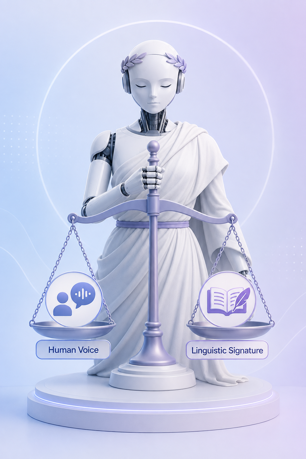 Robot statue of justice holding balanced scales with the Human Voice and Linguistic Signature categories on the two sides